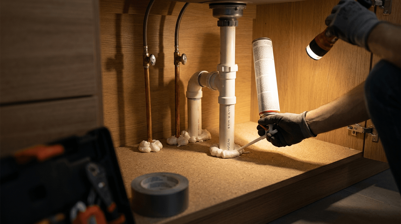 Air sealing plumbing penetrations under a sink