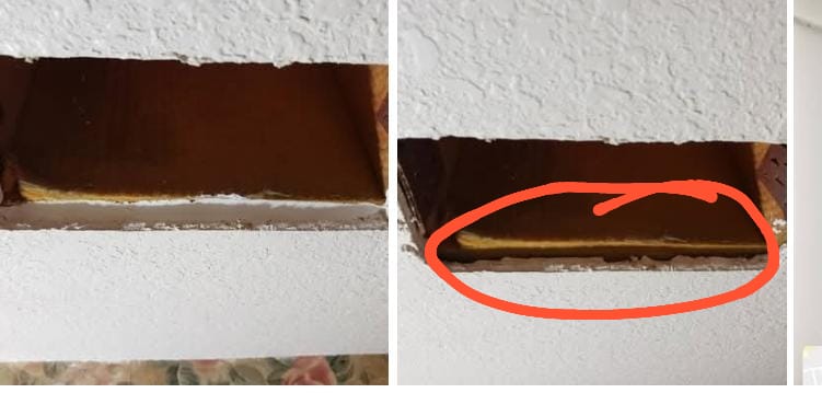 Gap around an A/C ceiling vent marked in red for sealing
