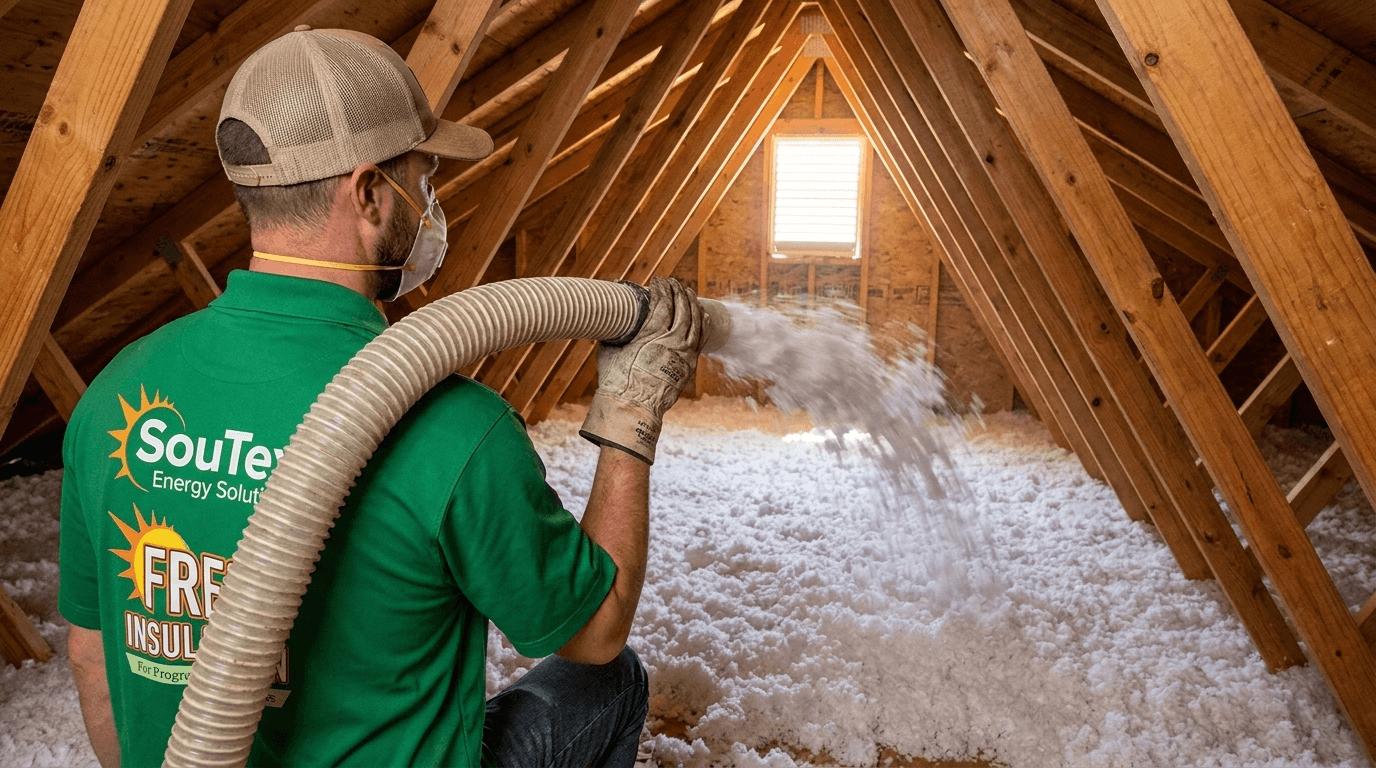 SouTex technician blowing fresh insulation into an attic